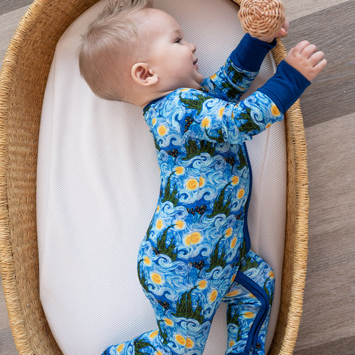 Deep Blue Starry Sky Baby Bamboo Zipper Romper Pajamas