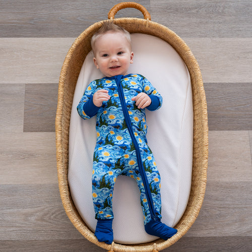Deep Blue Starry Sky Baby Bamboo Zipper Romper Pajamas