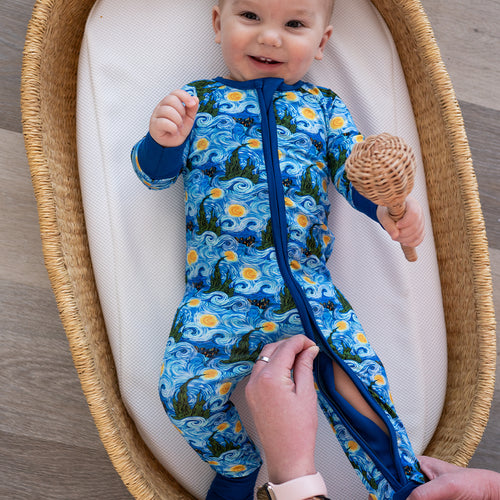 Deep Blue Starry Sky Baby Bamboo Zipper Romper Pajamas