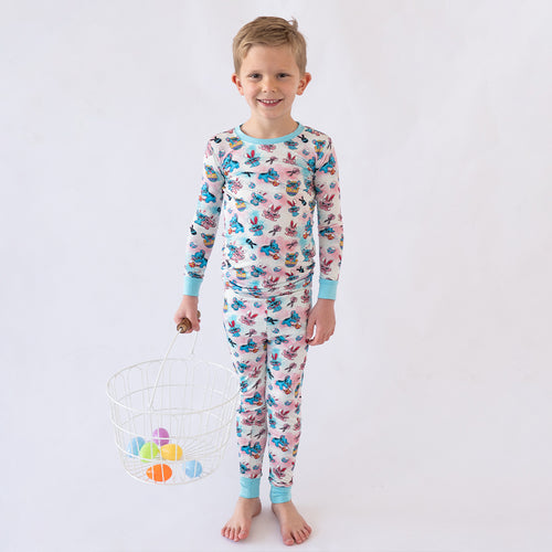 Easter Monster Bunny Egg Blue Kid Bamboo Two-Piece Pajama Set