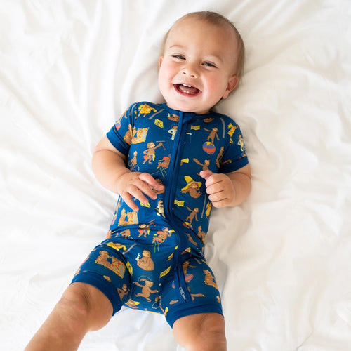 Curious Monkey Blue Baby Bamboo Short Zipper Romper Pajamas