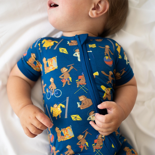 Curious Monkey Blue Baby Bamboo Short Zipper Romper Pajamas