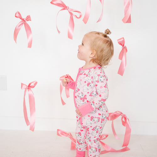 Valentine's Day Bow Cat Bamboo Zipper Romper Pajamas