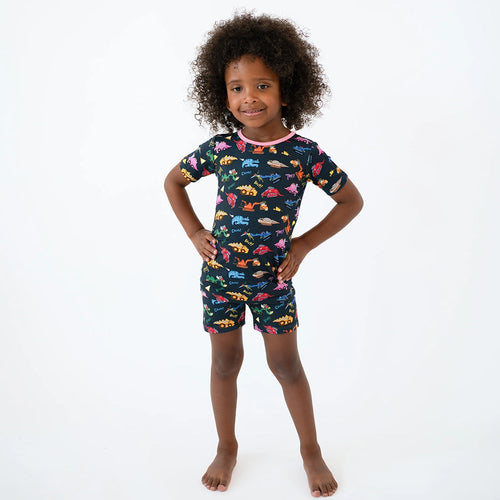Dinosaur Digger Pink Kids Bamboo Short Two-Piece Pajama Set