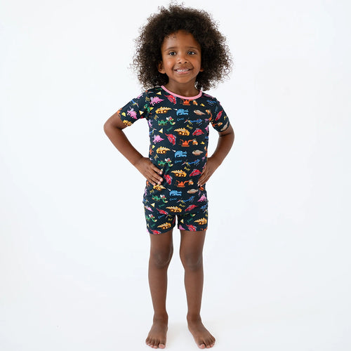 Dinosaur Digger Pink Kids Bamboo Short Two-Piece Pajama Set