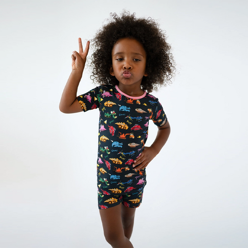 Dinosaur Digger Pink Kids Bamboo Short Two-Piece Pajama Set