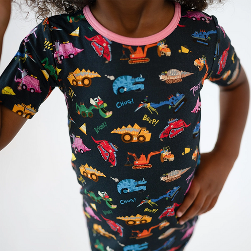 Dinosaur Digger Pink Kids Bamboo Short Two-Piece Pajama Set