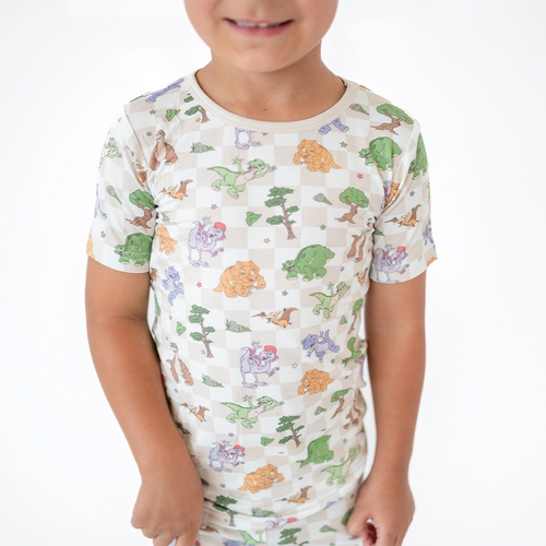 Dinosaur Adventure Plaid Kids Bamboo Short Two-Piece Pajama Set
