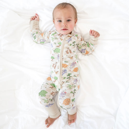 Dinosaur Adventure Plaid Baby Bamboo Zipper Romper Pajamas