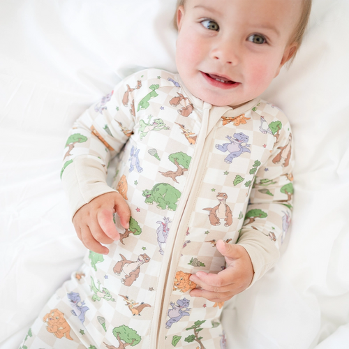 Dinosaur Adventure Plaid Baby Bamboo Zipper Romper Pajamas