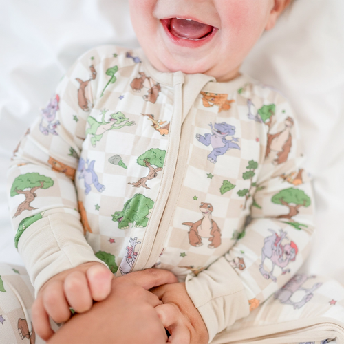 Dinosaur Adventure Plaid Baby Bamboo Zipper Romper Pajamas