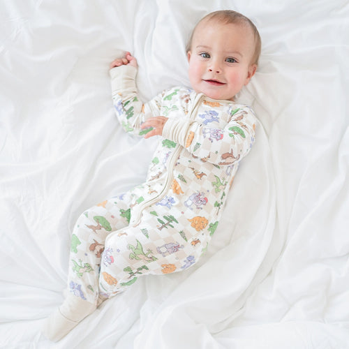 Dinosaur Adventure Plaid Baby Bamboo Zipper Romper Pajamas