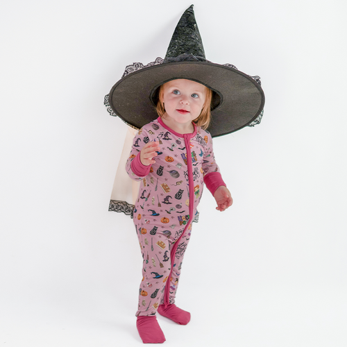 Halloween Witch Sisters Smell Children Purple Baby Bamboo Zipper Romper Pajamas