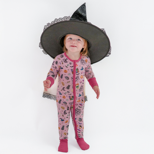 Halloween Witch Sisters Smell Children Purple Baby Bamboo Zipper Romper Pajamas