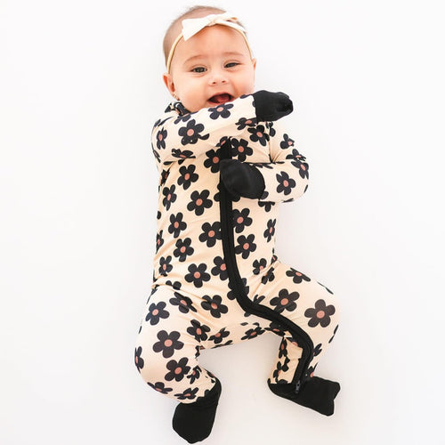 Fancy Prince Black Daisy Baby Bamboo Zipper Romper