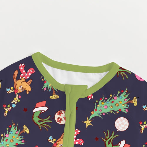 Christmas Green Guy Deer Print Bamboo Zippy Pajamas Romper