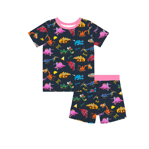 Dinosaur Digger Pink Kids Bamboo Short Two-Piece Pajama Set