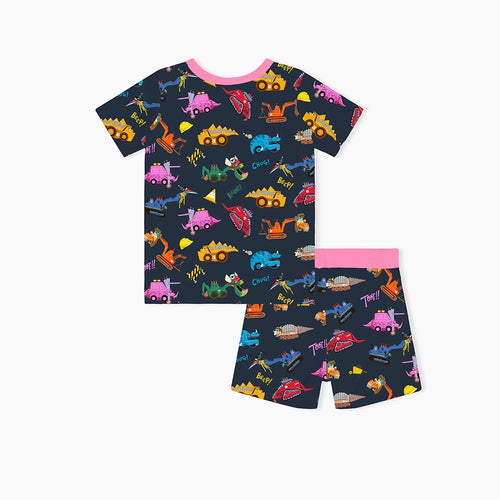 Dinosaur Digger Pink Kids Bamboo Short Two-Piece Pajama Set