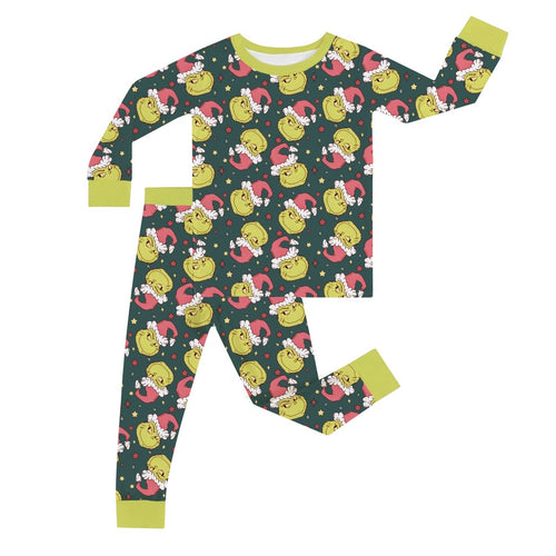 Christmas Green Guy Print Kids Bamboo 2 Pieces Pajama Set