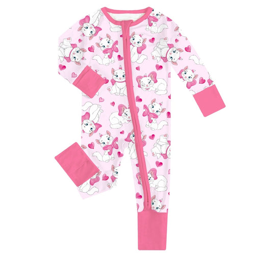 Valentine's Day Bow Cat Bamboo Zipper Romper Pajamas
