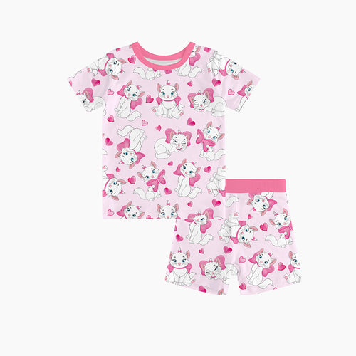 Valentine's Day Bow Cat Kids Bamboo Short Two-Piece Pajama Set