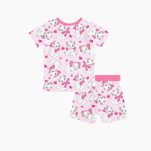 Valentine's Day Bow Cat Kids Bamboo Short Two-Piece Pajama Set
