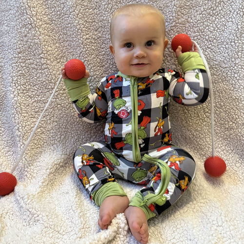 Christmas Green Guy Plaid Baby Bamboo Zipper Romper