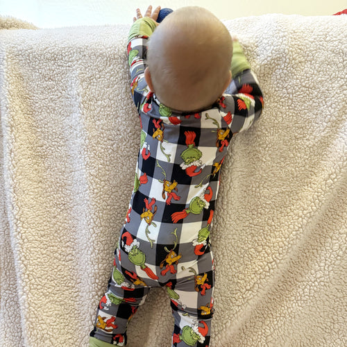 Christmas Green Guy Plaid Baby Bamboo Zipper Romper