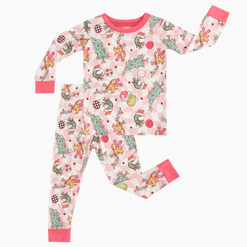 Christmas Green Cartoon Figure Kids Pink Bamboo 2 Piece Pajama Set Pink