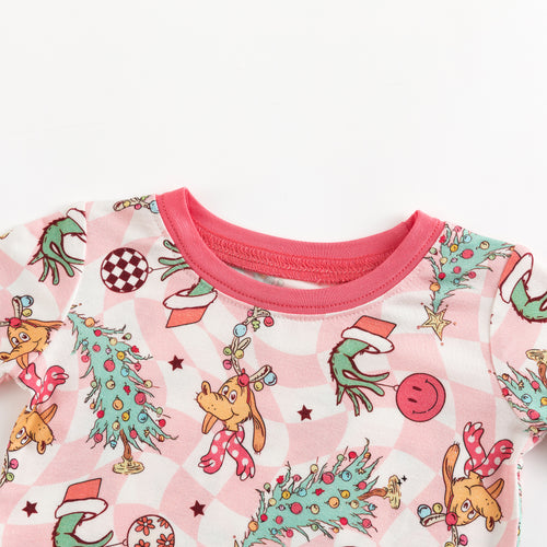 Christmas Green Cartoon Figure Kids Pink Bamboo 2 Piece Pajama Set Pink