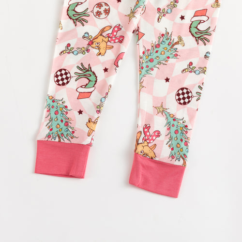 Christmas Green Cartoon Figure Kids Pink Bamboo 2 Piece Pajama Set Pink