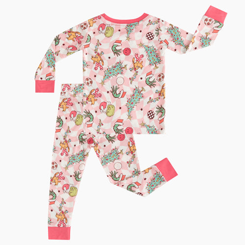 Christmas Green Cartoon Figure Kids Pink Bamboo 2 Piece Pajama Set Pink