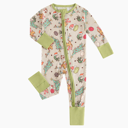 Christmas Green Guy Deer Baby Bamboo Zipper Romper