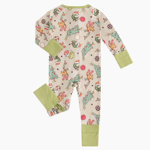 Christmas Green Guy Deer Baby Bamboo Zipper Romper