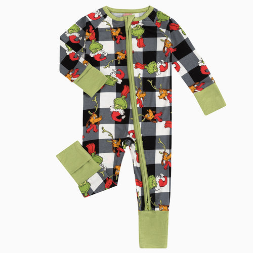 Christmas Green Guy Plaid Baby Bamboo Zipper Romper