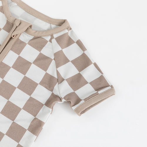 Newborn Baby Bamboo Light Grey Checkerboard Short Romper