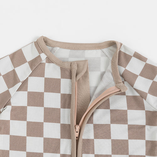 Newborn Baby Bamboo Light Grey Checkerboard Short Romper