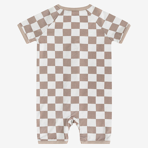 Newborn Baby Bamboo Light Grey Checkerboard Short Romper