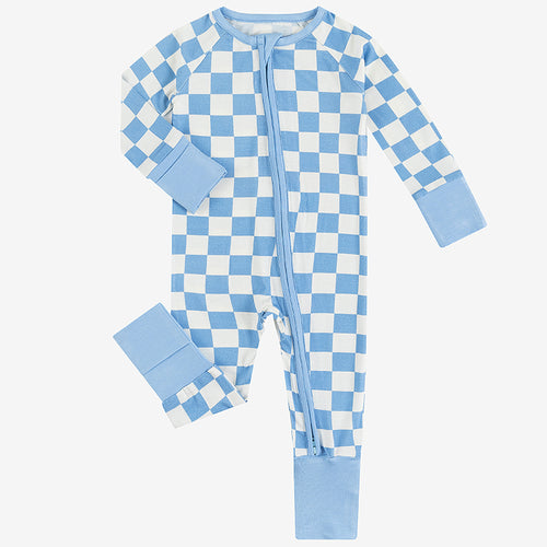 Bamboo Newborn Zippered Bodysuit with Blue Checkerboard Design
