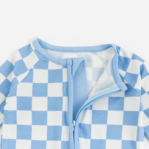Bamboo Newborn Zippered Bodysuit with Blue Checkerboard Design
