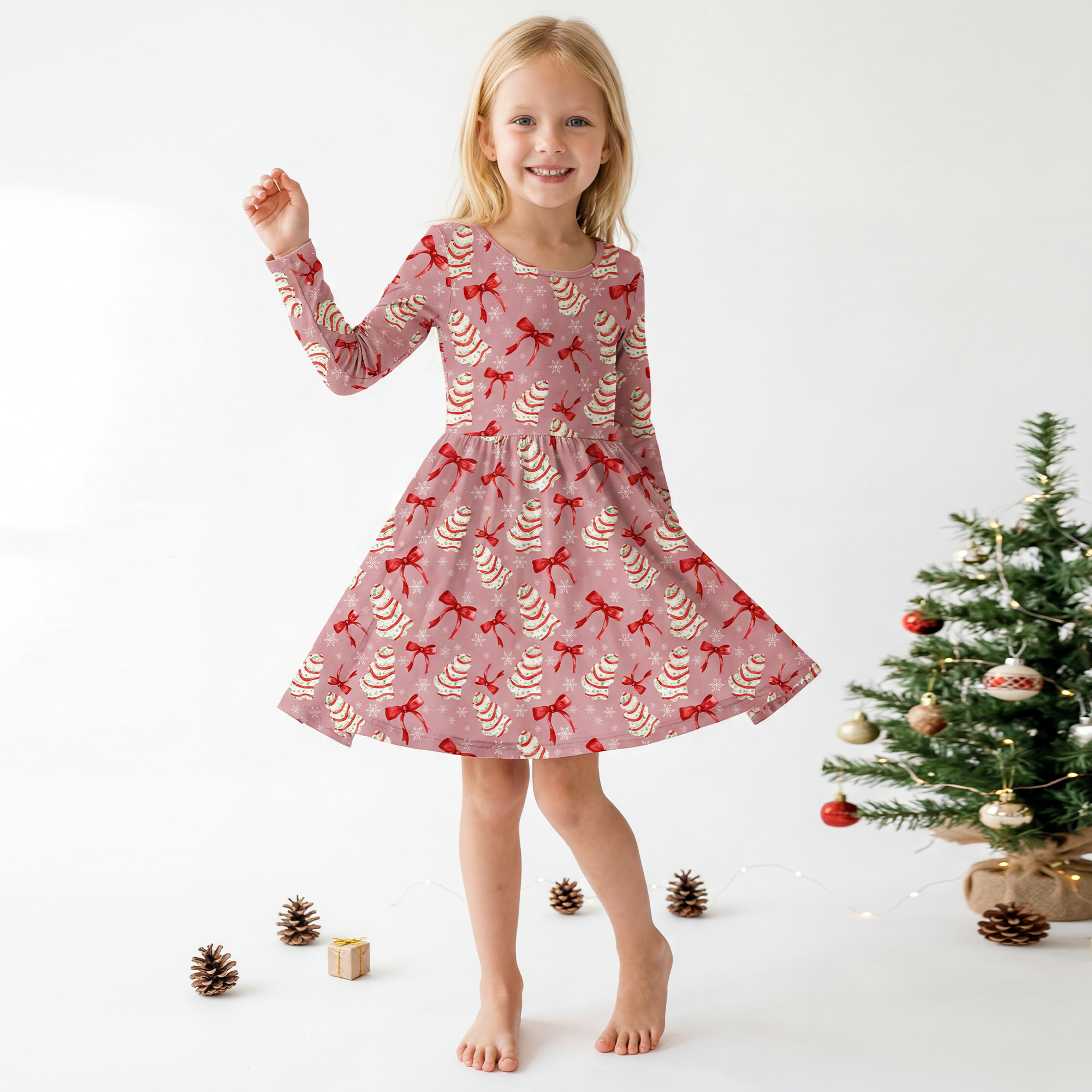 Christmas Pink Tree Cakes and Bows Kid Bamboo Long Sleeve Dress – FancyPrince
