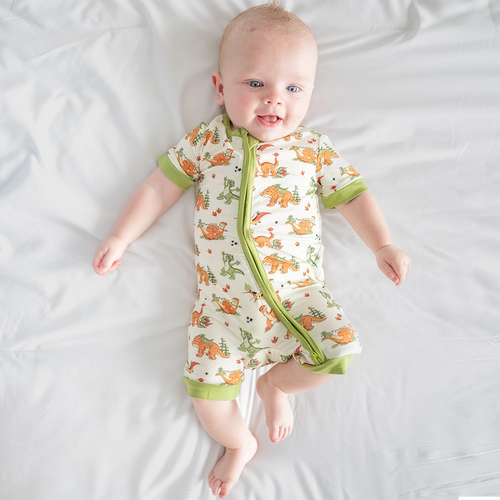 Dinosaur Adventure Baby Bamboo Short Zipper Romper Pajamas