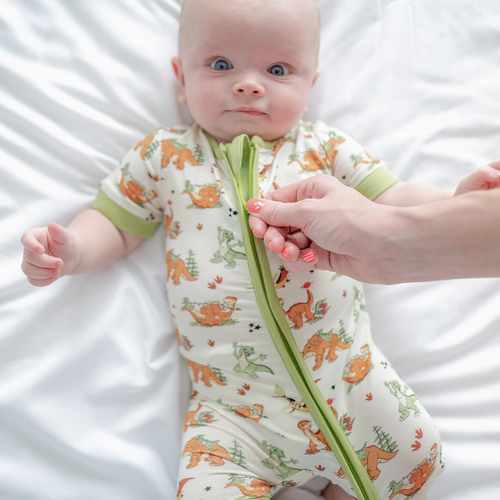 Dinosaur Adventure Baby Bamboo Short Zipper Romper Pajamas