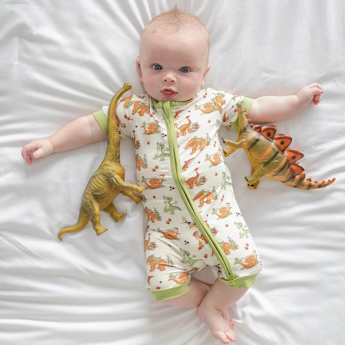 Dinosaur Adventure Baby Bamboo Short Zipper Romper Pajamas
