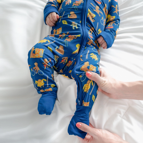 Curious Monkey Blue Baby Bamboo Zipper Romper Pajamas