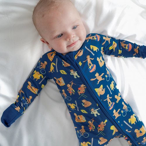 Curious Monkey Blue Baby Bamboo Zipper Romper Pajamas