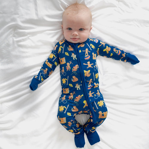 Curious Monkey Blue Baby Bamboo Zipper Romper Pajamas