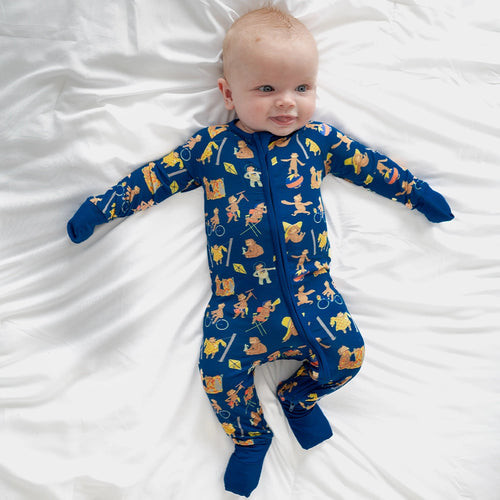 Curious Monkey Blue Baby Bamboo Zipper Romper Pajamas