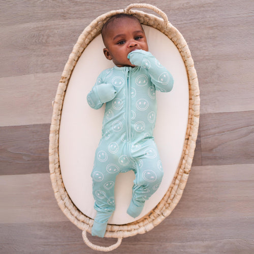 Smiley Mountain Lake Blue Bamboo Zippered Romper
