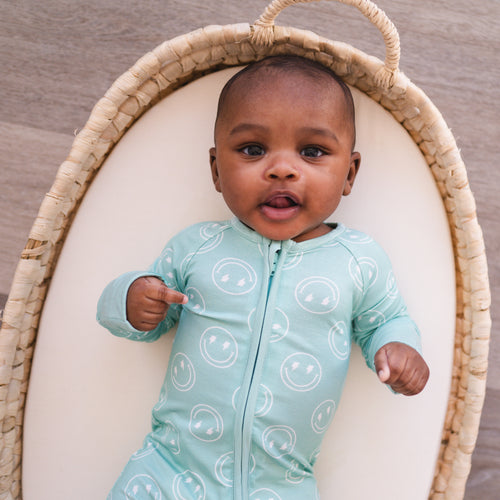 Smiley Mountain Lake Blue Bamboo Zippered Romper